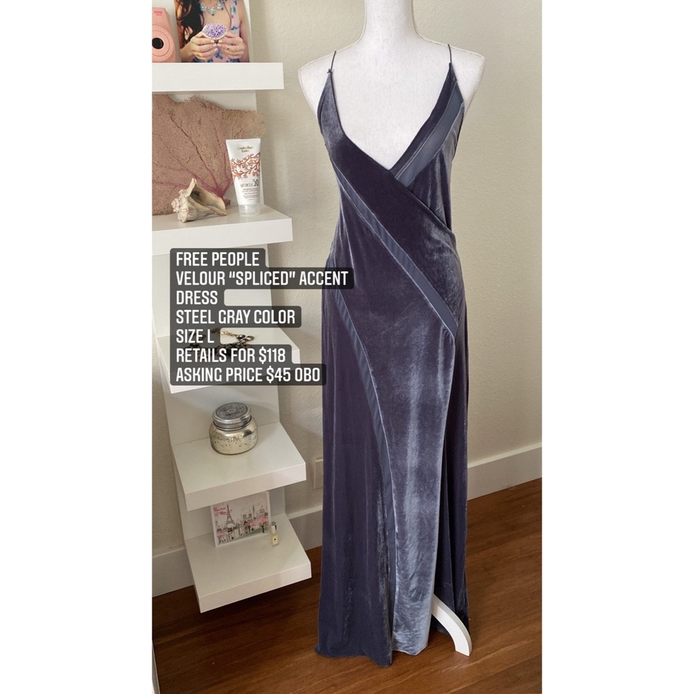 Free People Velour “Spliced” gunmetal gray velvet dress